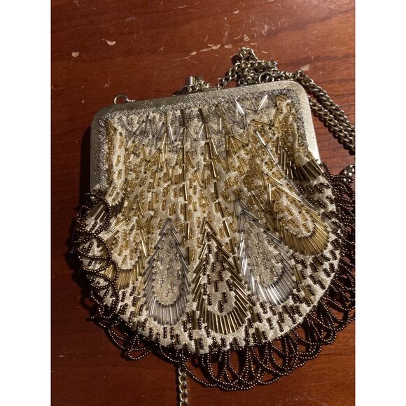 VINTAGE GOLD & BROWN LA REGALE  HAND BEADED PURSE MADE IN HONG KONG WITH FRINGE - Picture 13 of 13